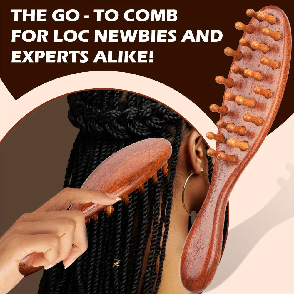 Sandalwood Loc Comb Wide Tooth 2 Pcs Wooden Ergonomic Detangling Comb for Dreads Locs Curly, for Home, Travel and Salon Hair 