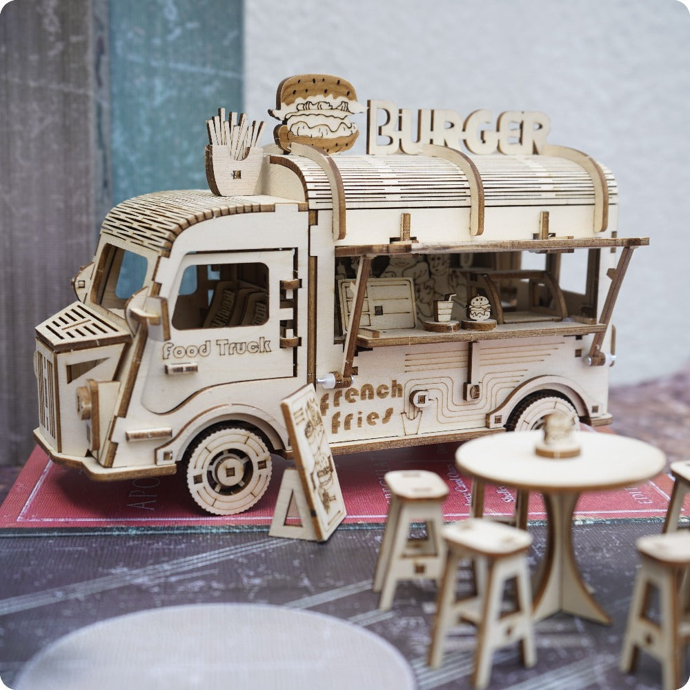Wooden Food Truck 3D Puzzle Model Kit with Burger Stand Body, Miniature Tables and Pictured 21.5 cm Length — image 6