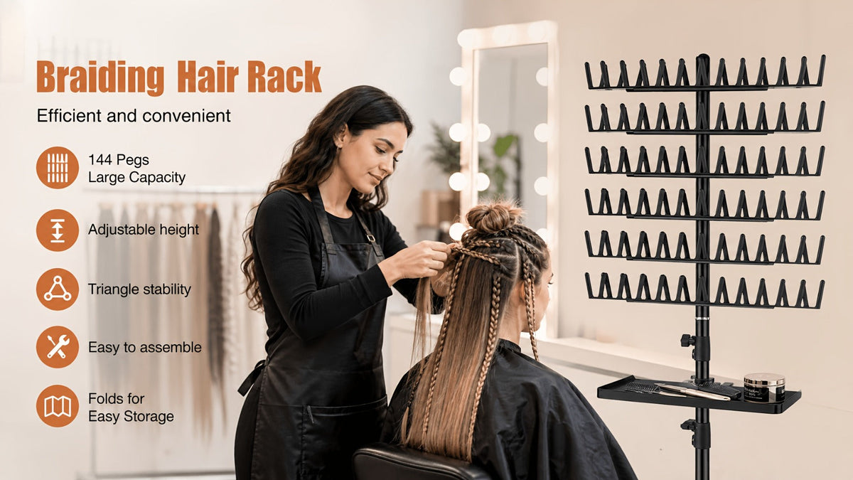 Braiding Hair Rack 144 Pegs Height Adjustable 2-Side Hair Extension Holder Stand with Tray – Foldable Portable Professional B