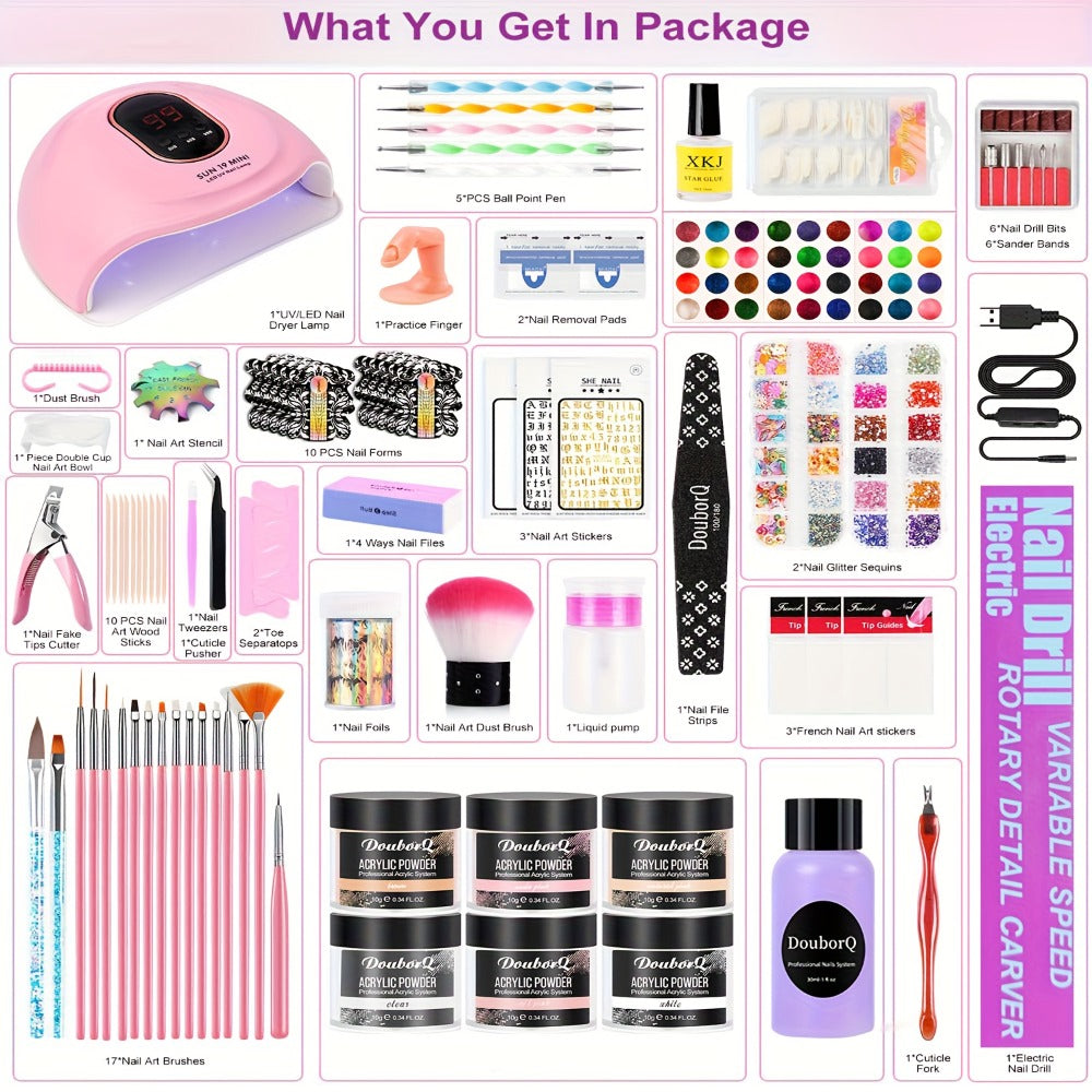Acrylic Nail Kit with 36W UV LED Lamp, Electric Drill, Three Powders, Glitter Colors, Tips and Manicure Tools — image 4