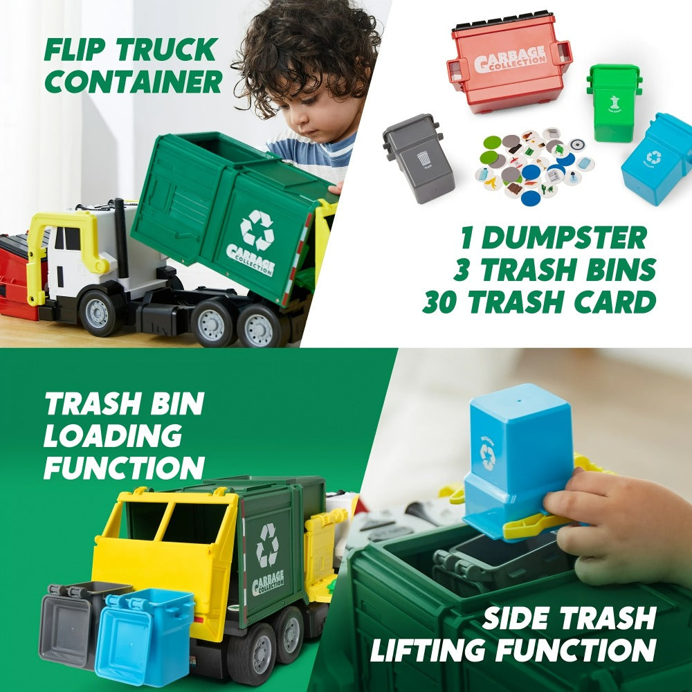Garbage Truck Toy Set 16-Inch Large Friction-Powered with Lights & Sounds, Color-Coded Trash Bins — image 5