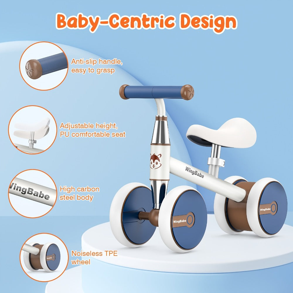 4 Wheel Balance Bike for Baby Toddlers 10-36 Months, First Bike with Adjustable Seat, 90° Steering Limit & Silent Anti-Slip T