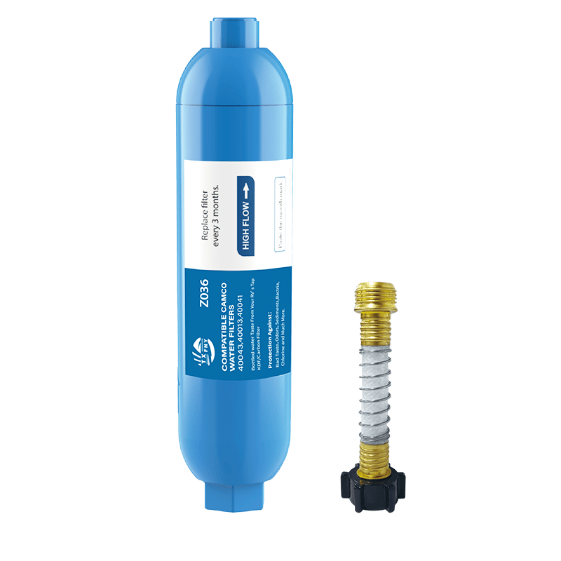RV Water Filter with Flexible Hose Protector – Inline Hose Filter, Reduces Chlorine, Odors & Sediment, BPA-Free, for RV, Camp