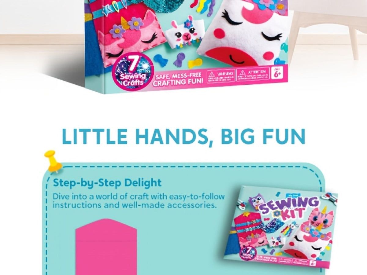 Kids Sewing Kit for Beginners 7 Felt Craft Projects, Pre-Punched Holes Safe Needles Mini Pillow Keychain Card Holder Cup Slee