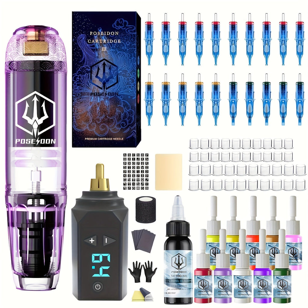 Tattoo Machine Kit POSEIDON TK039 Cordless Rotary Pen with LED Display, 20 Cartridges, 10 Inks and Practice Supplies — image 