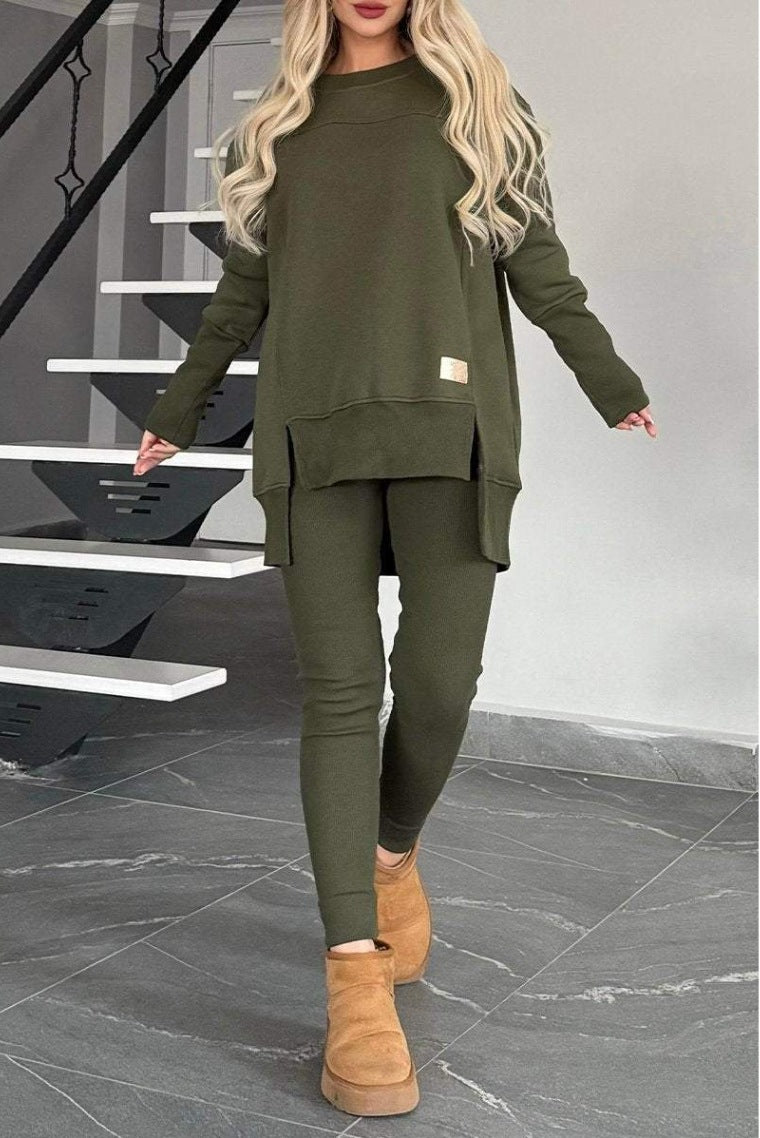 Women's Slit Long Sleeve Top And Trousers Suit