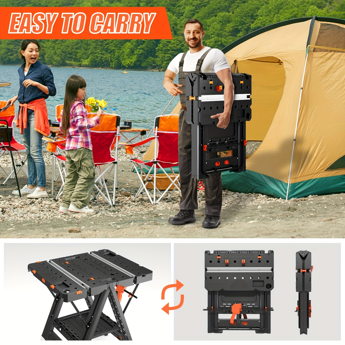 Folding Workbench 2-in-1 Portable Work Table, Height-Adjustable Sawhorse Workbench with 4 Woodworking Clamps — image 6