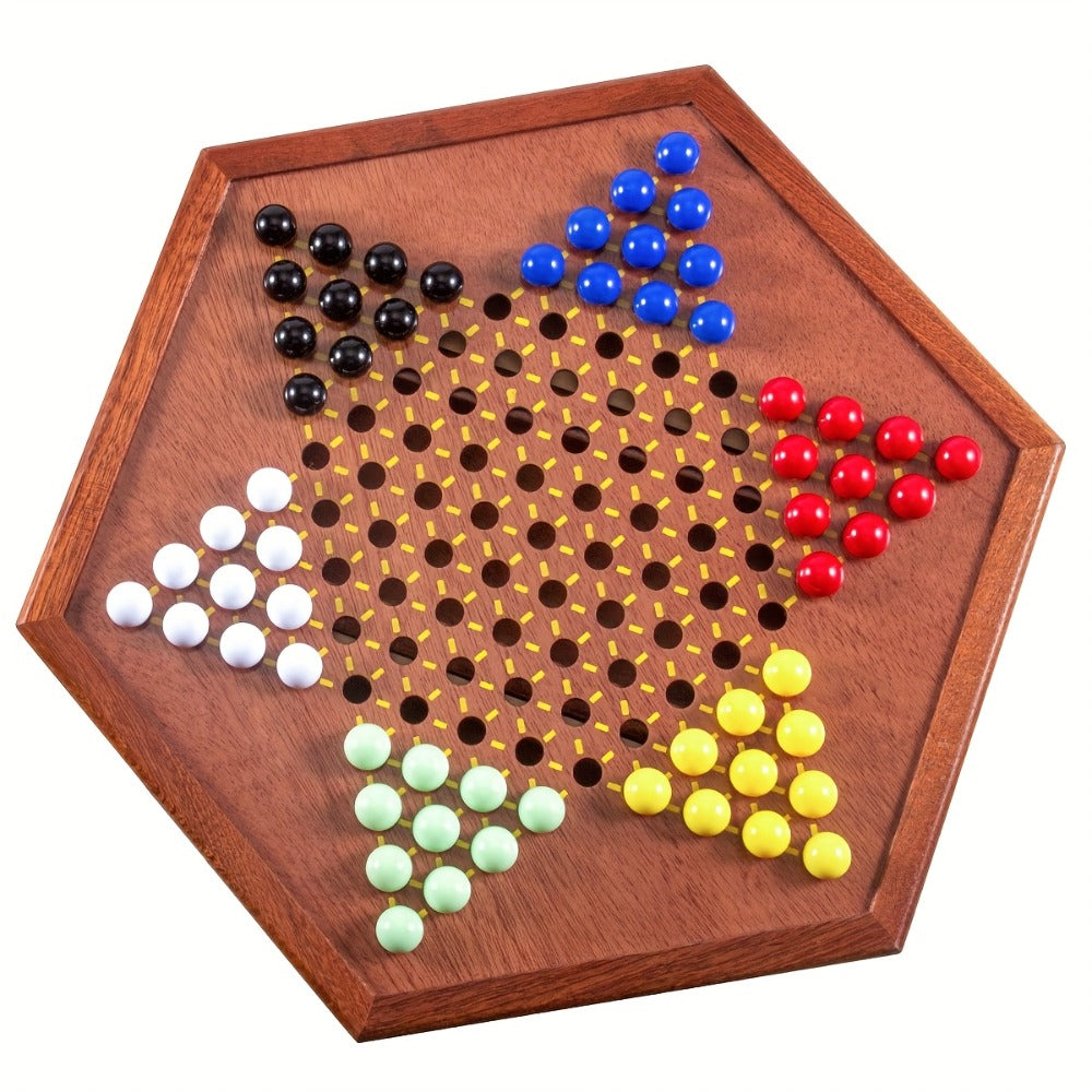 Deluxe Wooden Chinese Checkers Game Set 12.5 Inch Hexagonal Board with Storage Drawer 60 Acrylic Marbles — image 11