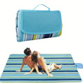 80 x 60-Inch Picnic Blanket in Blue and Green Striped 600D Oxford Fabric with Folding Carry Handle — image 1