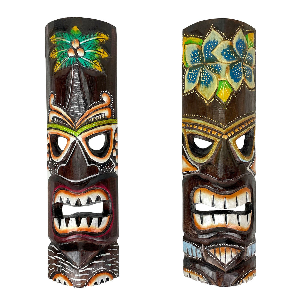 Tiki Wall Masks Set of 2 – Hand Carved Wooden 20" Tropical Decor with Palm Tree & Plumeria Designs for Indoor Outdoor Patio B
