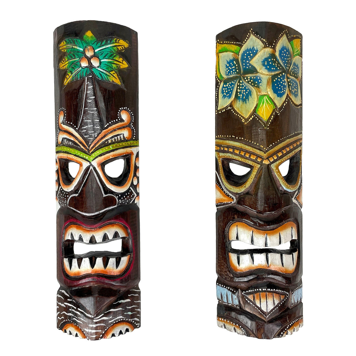 Tiki Wall Masks Set of 2 – Hand Carved Wooden 20" Tropical Decor with Palm Tree & Plumeria Designs for Indoor Outdoor Patio B