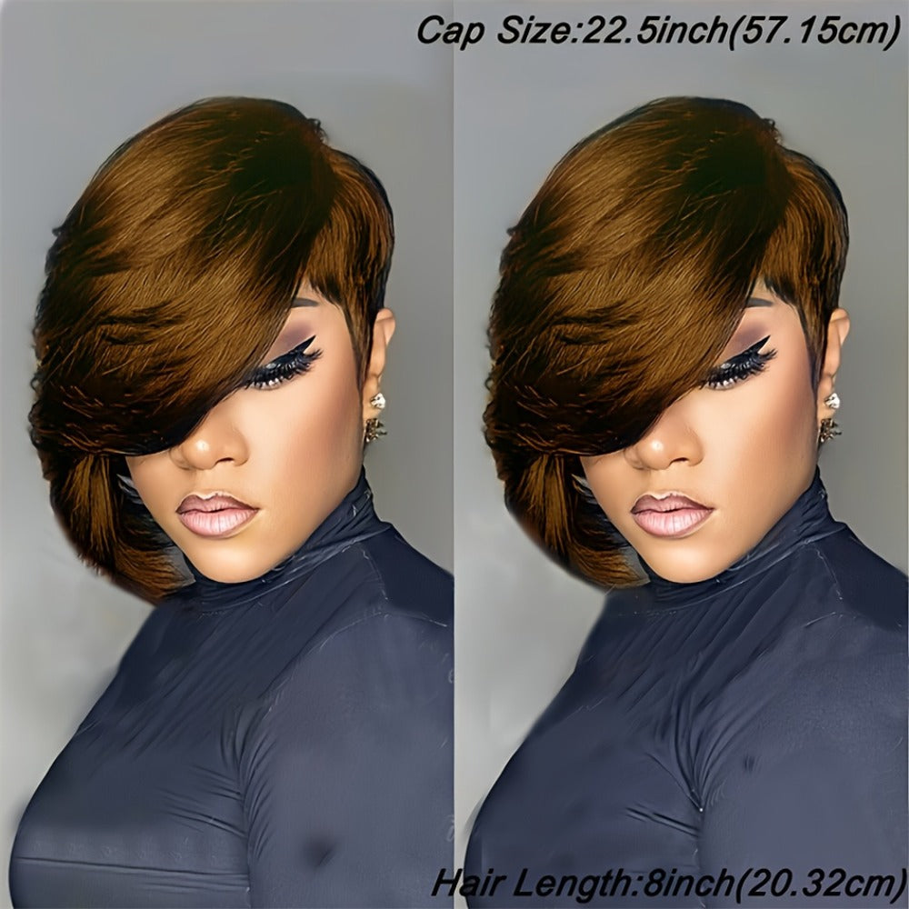 Layered Pixie Human Hair Wig with Side Bangs in #4 Brown, #99J Burgundy or #1 Black Color Options — image 3