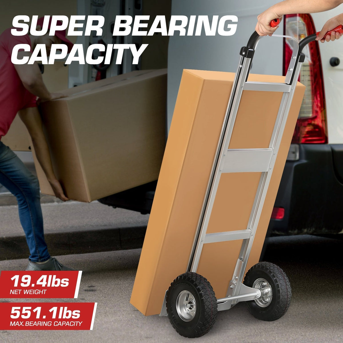 Upright Aluminum Hand Truck with Folding Toe Plate, 10-Inch Pneumatic Tires and 550 lb Load Label — image 3