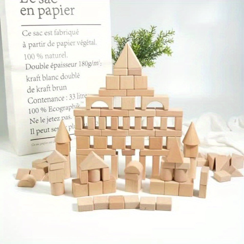 Natural Beech Wood Blocks 100 Piece Unpainted Solid Wooden Building Set, STEM Logical Thinking Toy for Kids Ages 3-12 — image