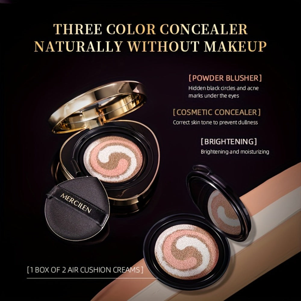 Air Cushion BB Cream Foundation Moisturizing Medium Coverage Dewy Finish with Plant Squalane Glycerin Tri-Color Adaptive Blen