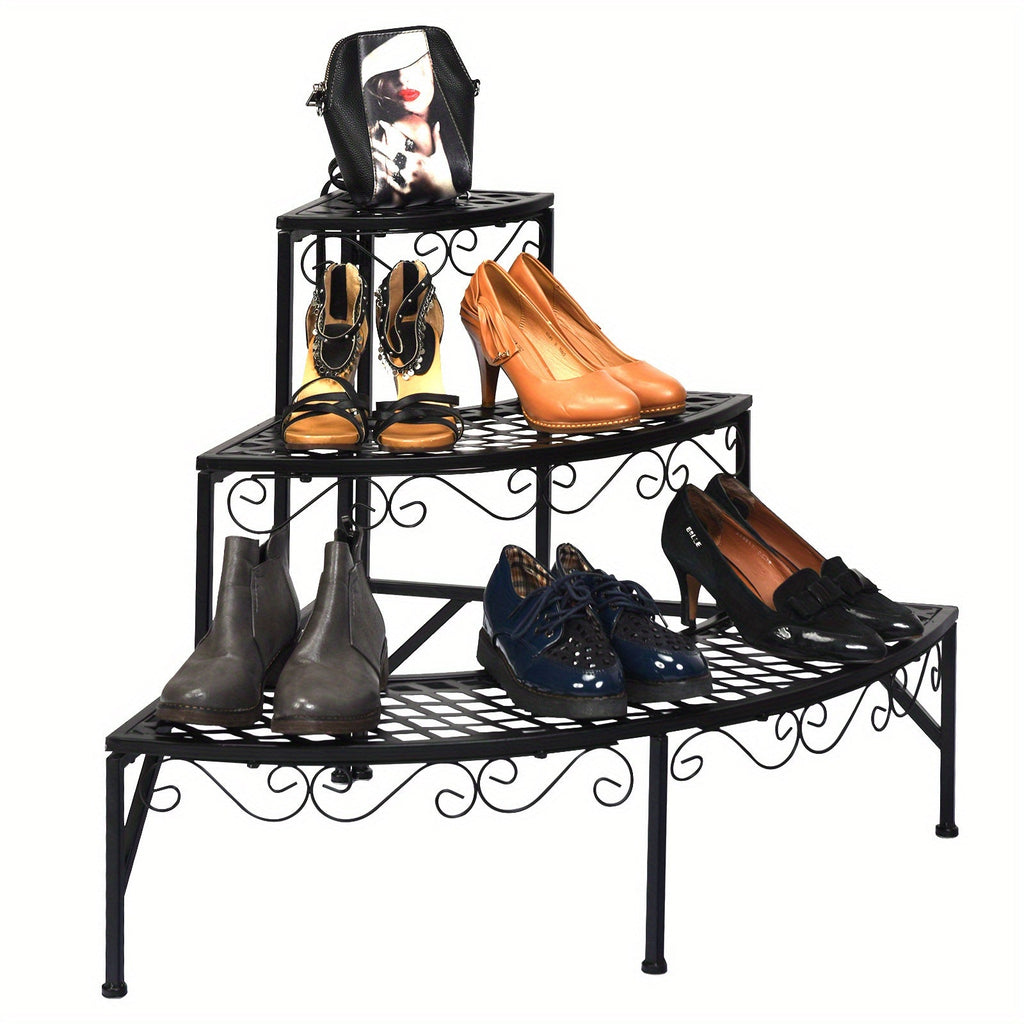 Three-Tier Black Metal Corner Plant Stand with Fan-Shaped Shelves, Scrollwork and Non-Slip Feet — image 10