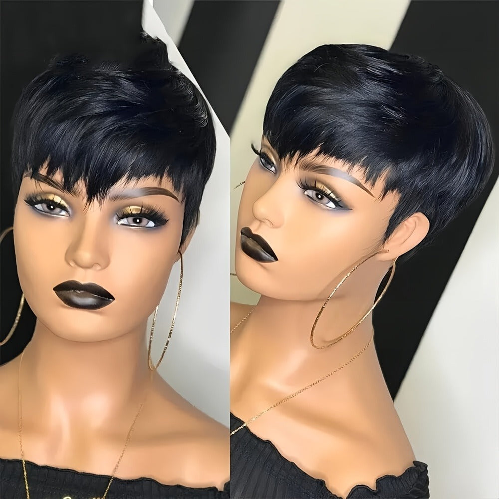 Brazilian Human Hair Pixie Cut Wig 150% Density Short Straight Machine Made Rose Net Cap Glueless Natural Black 4 Inch | Begi
