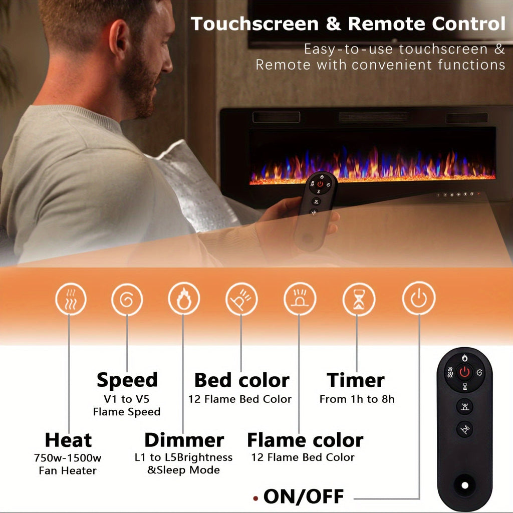 Wall Mounted Electric Fireplace Recessed In-Wall Linear Heater Multicolor Flame 750W/1500W Touch Screen for Garden, Patio and
