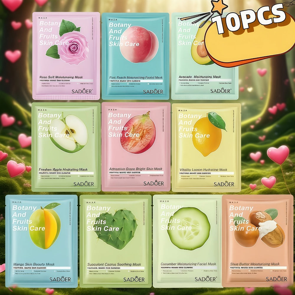 Ten-Piece SADOER Sheet Mask Assortment with Individually Packed Fruit and Rose Pouch Labels — image 1