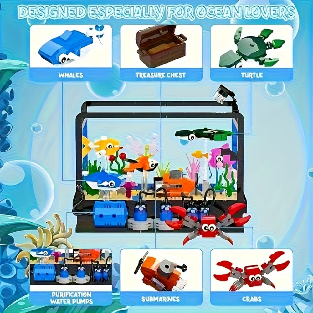 Ocean Fish Tank Building Blocks Set 501 Pcs LC8059 – LED Light Aquarium Model Whale Shark Sea Turtle Marine Life Desktop Deco