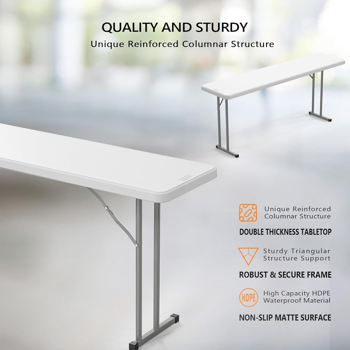 Narrow White 6-Foot Portable Folding Table with Rectangular Top and Folding Gray Leg Frame — image 2