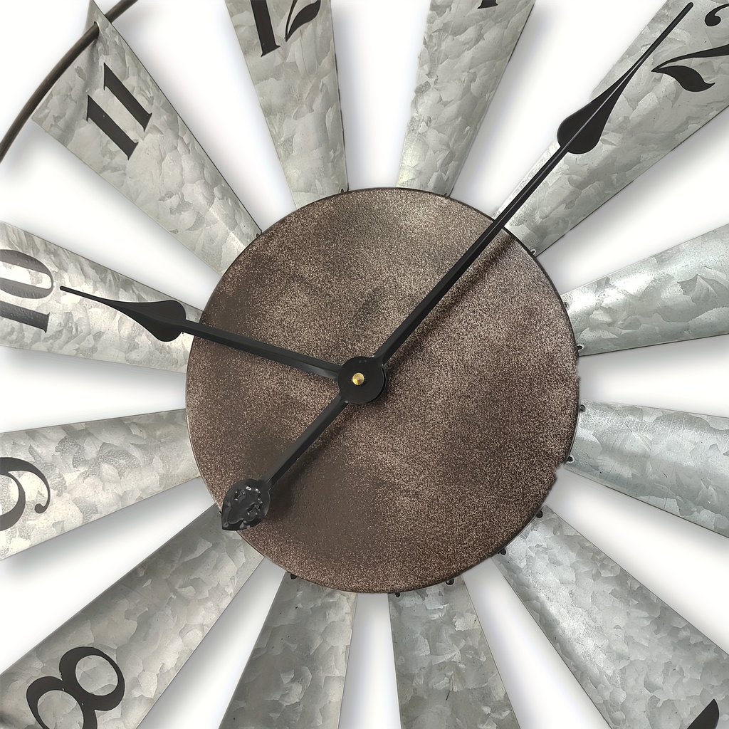 24-Inch Windmill-Style Metal Wall Clock with Galvanized-Look Silver Blades and Brown Analog Center — image 11