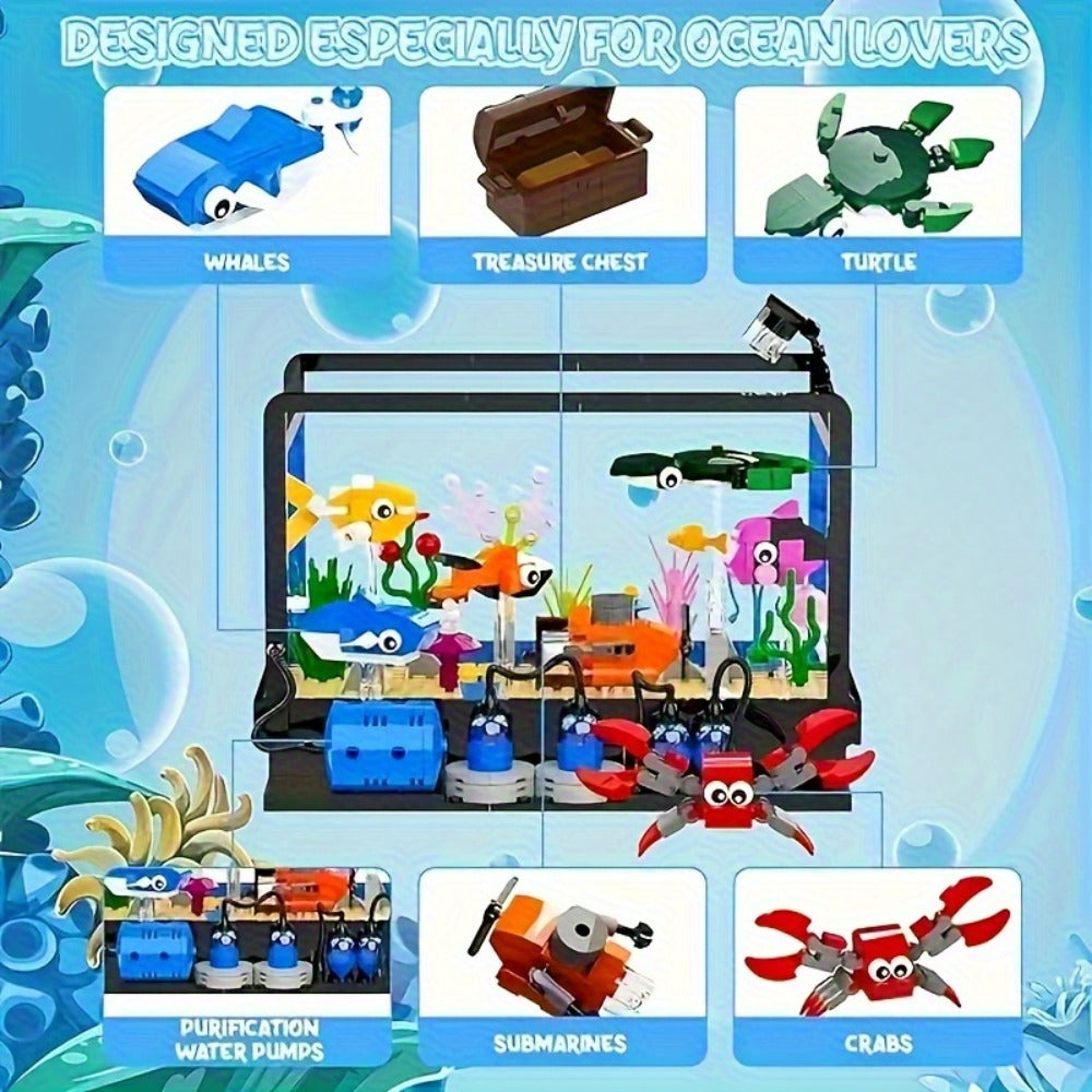 Ocean Fish Tank Building Blocks Set 501 Pcs LC8059 – LED Light Aquarium Model Whale Shark Sea Turtle Marine Life Desktop Deco