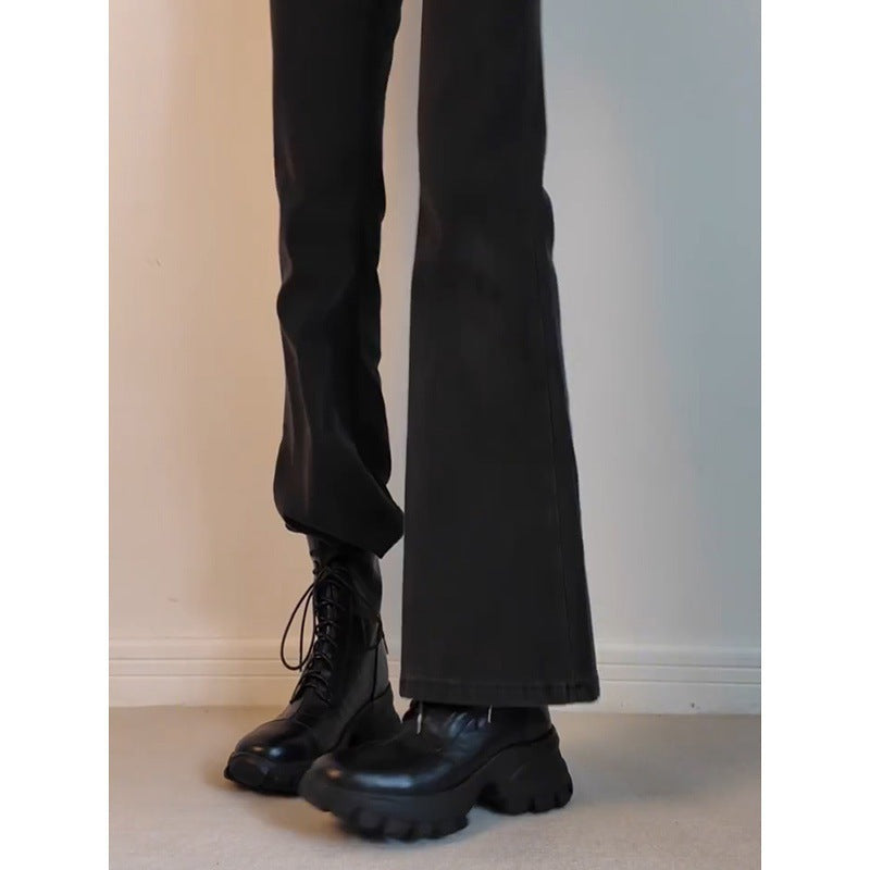 New Stylish Versatile Black Thick-soled Back Zipper Lace-up Motorcycle Boots