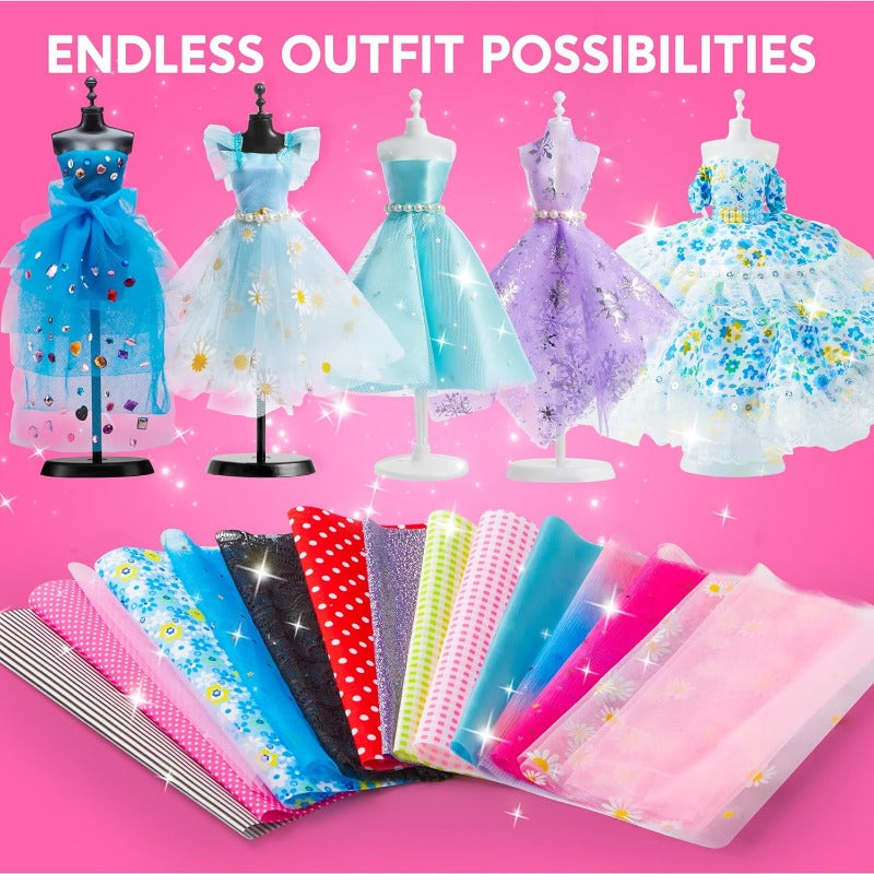 Fashion Design Kit for Girls 400+ Pieces, 3 Mannequins 21 Fabrics Ribbons Trims No-Sew DIY Dress Up Craft Set — image 12
