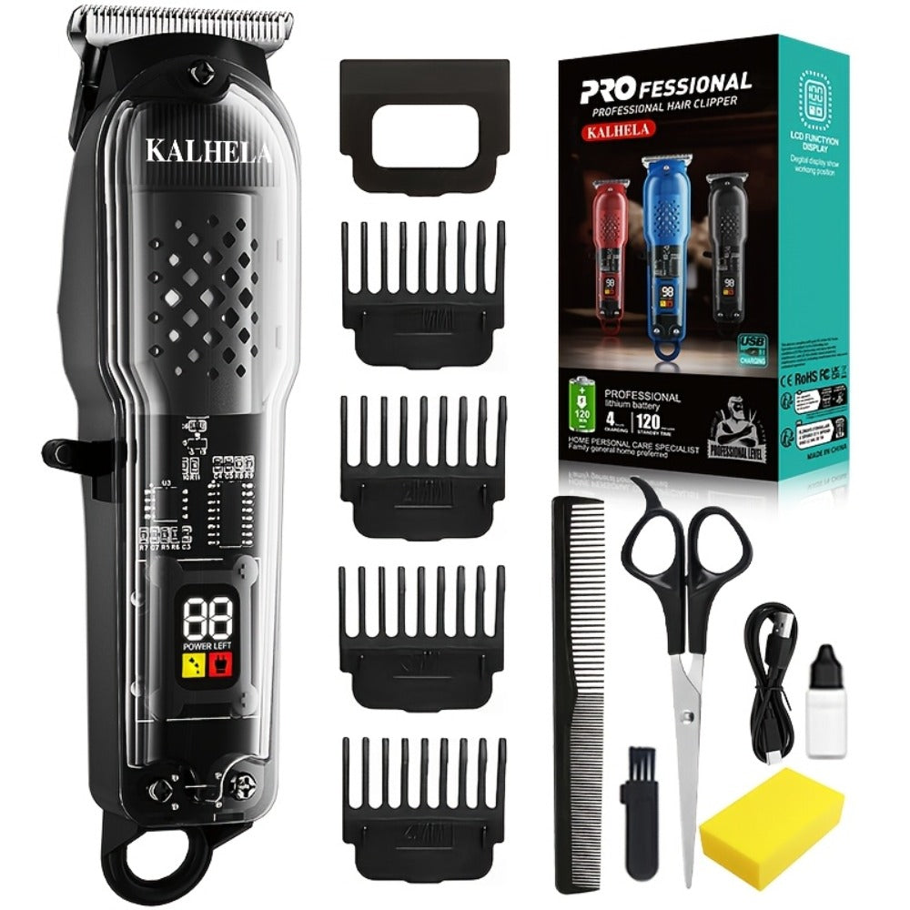 Transparent Electric Hair Clipper with Digital Display, Four Guide Combs, Grooming Tools and Red, Black or Blue Finish — imag