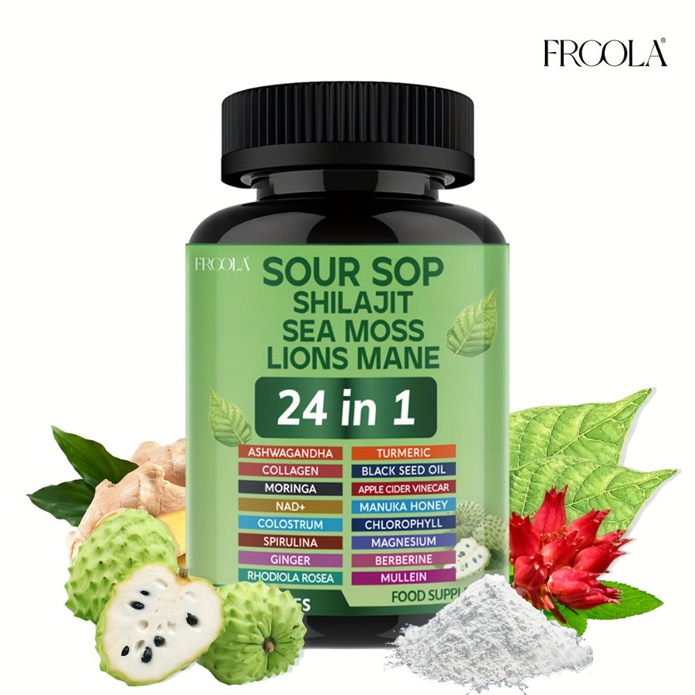 Herbal Supplement with FRCOLA Label, Soursop Shilajit Sea Moss and Lion's Mane 24-in-1 Capsules, 60 Count — image 1