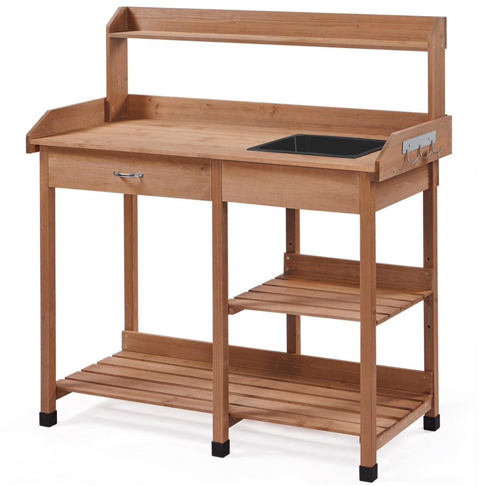 Garden Potting Table 4-Tier with Removable Sink, Adjustable Shelf, Drawer & Side Hooks, Outdoor Planter Stand for Yard Greenh