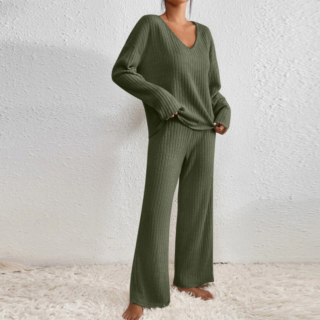 Long Sleeve V-neck Knitted Sunken Stripe Brushed Loose Leisure Suit