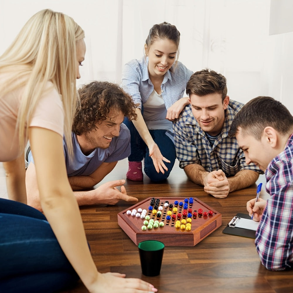 Deluxe Wooden Chinese Checkers Game Set 12.5 Inch Hexagonal Board with Storage Drawer 60 Acrylic Marbles — image 9