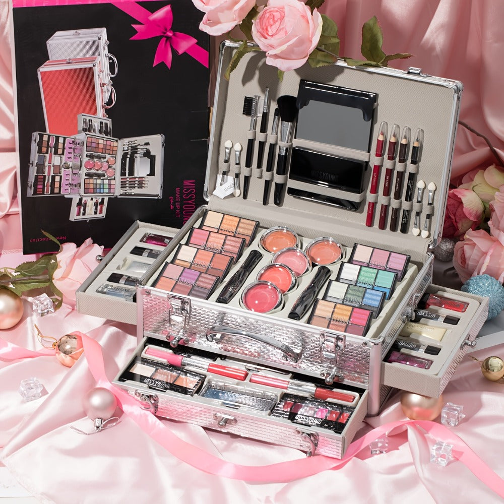 106-Piece Makeup Case Set with Red or Silver Carry Case, Fold-Out Color Palettes, Lip Products and Ten Makeup Brushes — image