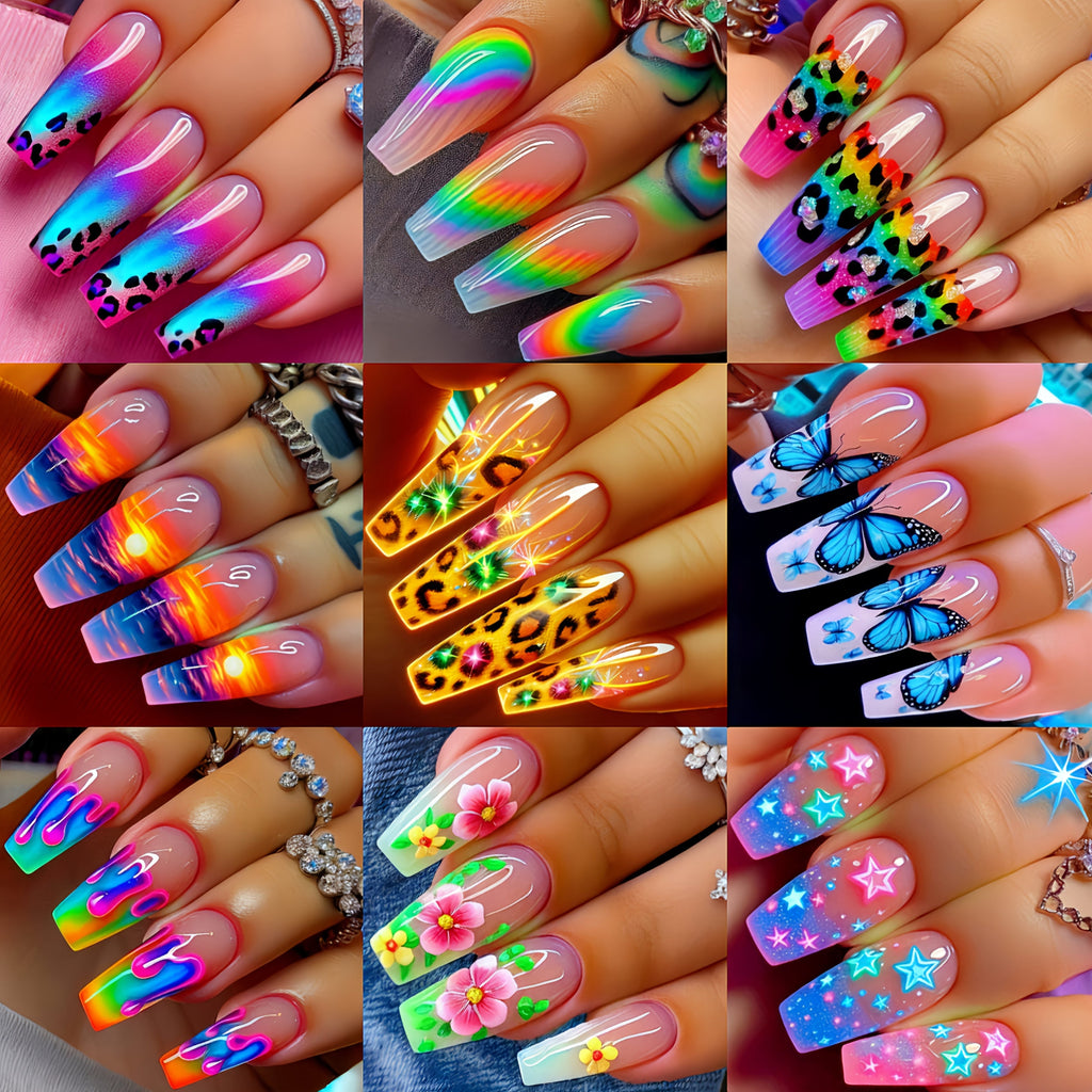 Nail Stickers for Long Nails 216 Pieces 9 Packs Glossy Removable Full Cover Nail Art Decals Wraps with Ballet Leopard Floral 