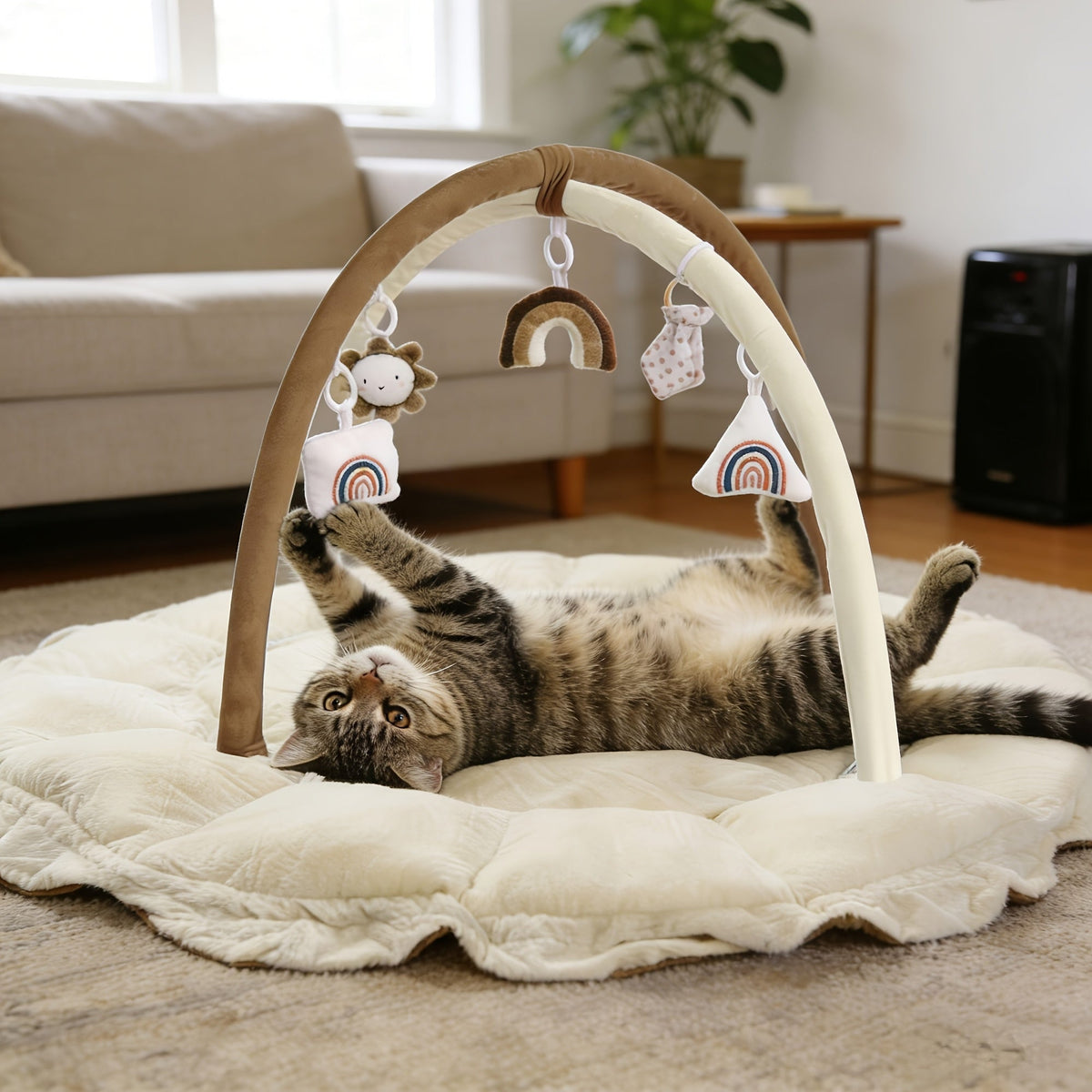 Convertible Round Pet Play Mat and Bed with Raised Sides, Removable Arches and Six Hanging Toys — image 2