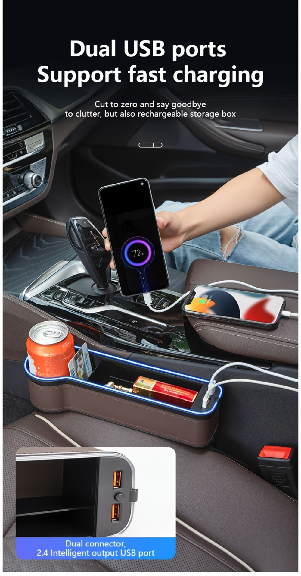 Black Lighted Seat-Gap Car Organizer with Phone Slot, USB Ports and Driver, Passenger or Pair Options — image 13