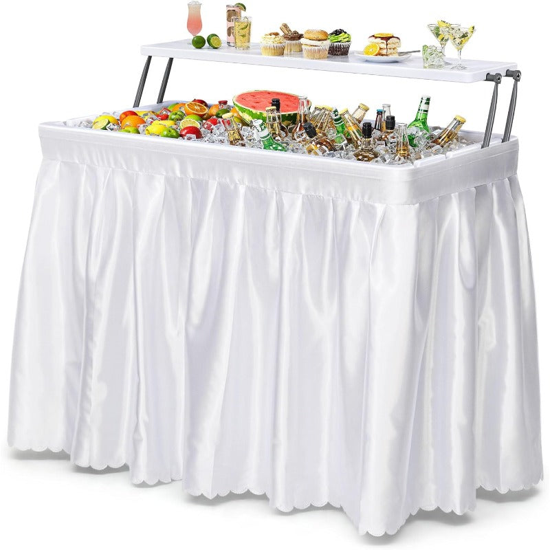 2-Tier Ice Table 40.5" Folding Bar Cooler with Drain, Skirt & Metal Shelf, Double-Layer Outdoor Beverage Station for Parties 