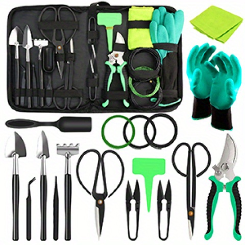 Bonsai Tool Set 24-Piece Kit for Beginners & Enthusiasts, Includes Pruning Shears, Scissors, Trimming Tools & PU Leather Bag 