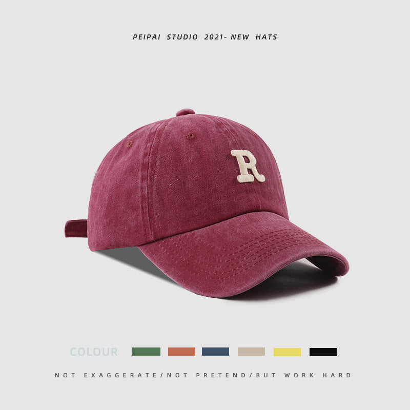 Washed Letter R Stick Ball Cap Casual Patch Sun Hat