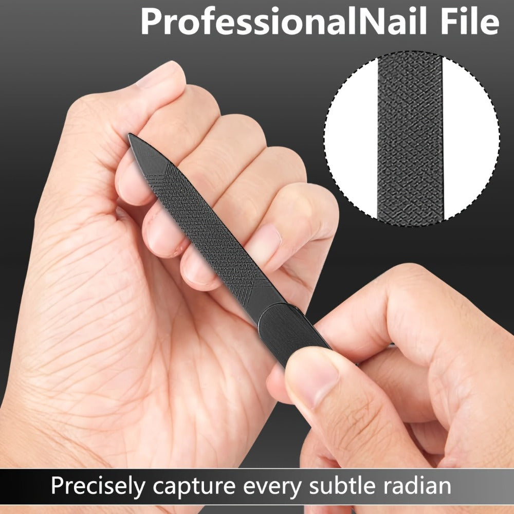 Wide-Jaw Nail Clipper Set, Six-Piece Black-Handle Kit with Curved, Slanted and Narrow Tools, Lifter, File and Storage Pouch —