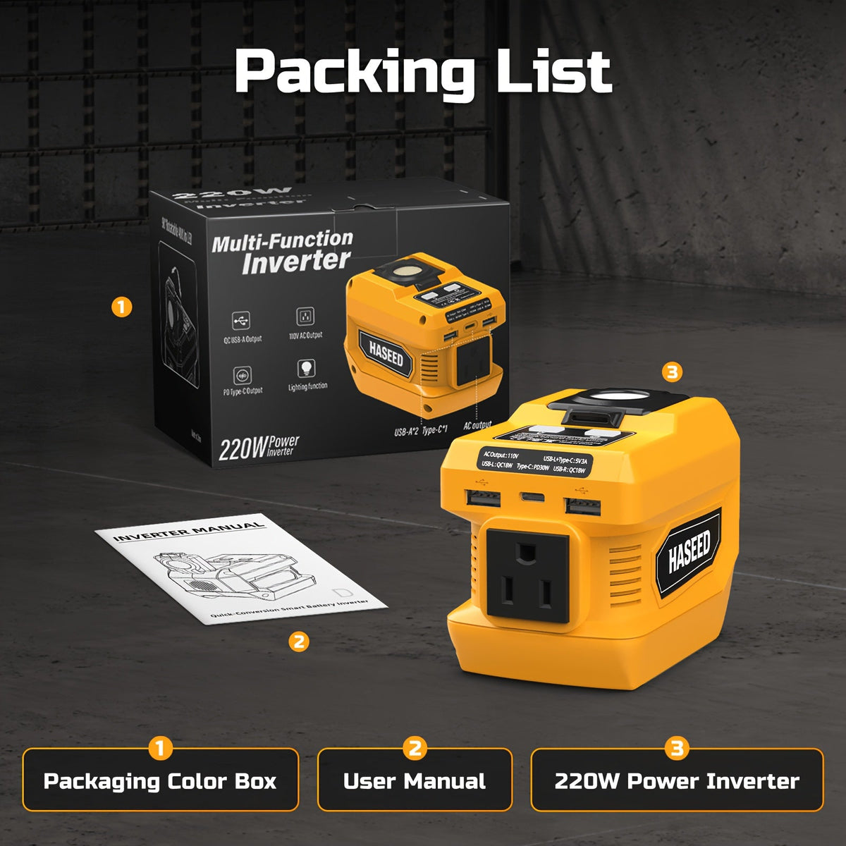 Portable Power Inverter 200W – DeWalt 20V Battery Compatible, DC to AC 110V, 2 USB + Type-C Fast Charging, 400LM Work Light, 