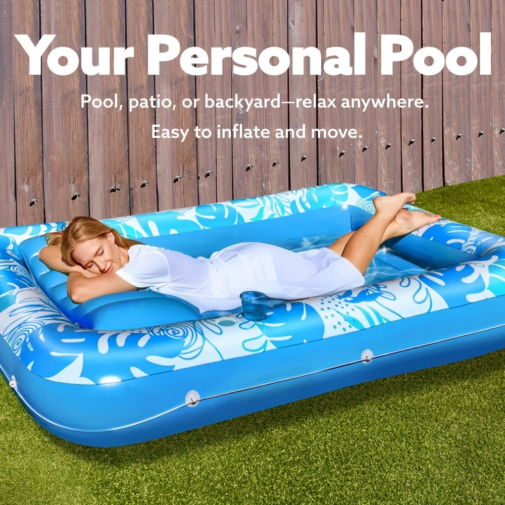70 x 46-Inch Inflatable Pool Float Tanning Bed in Blue with Open Center, Ribbed Base and Raised Pillow — image 2