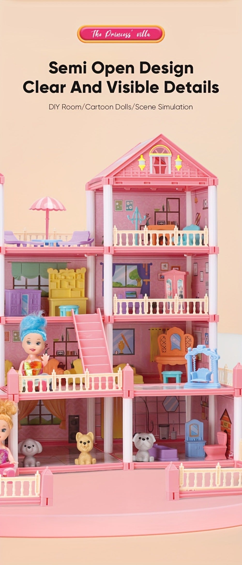 Princess Doll House Castle with Furniture & Accessories, Pink or Blue Mini Villa Playset 14 to 27 Rooms — image 16