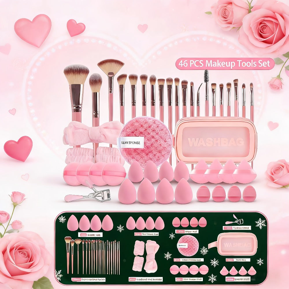 Makeup Brush Set, 46-Piece Nylon Bristle and ABS Handle Kit with Triangle Puff, Foundation Puff and Face-Eye Tools — image 3