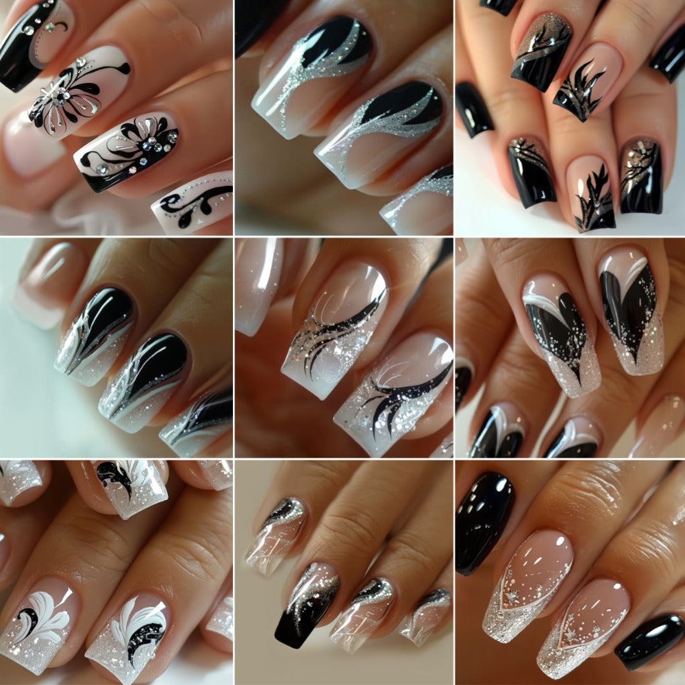 Press On Nails 216-Piece Medium Square Black White 3D Butterfly Marble Set with Jelly Glue and File — image 3