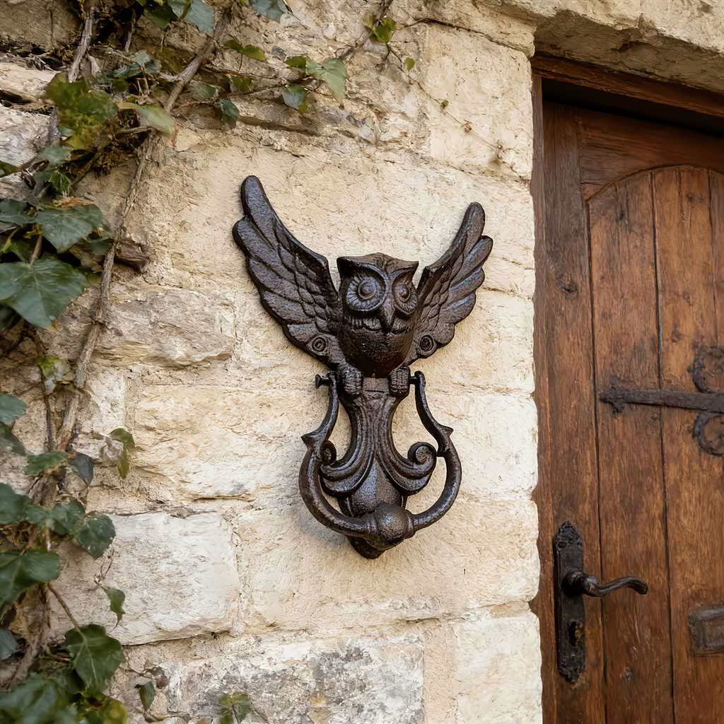 Owl Door Knocker Heavy Duty Cast Iron Winged Old Country Style Feather Detail Rustic Home Entryway Decoration Craft Gift — im