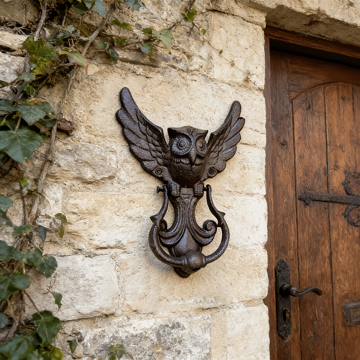Owl Door Knocker Heavy Duty Cast Iron Winged Old Country Style Feather Detail Rustic Home Entryway Decoration Craft Gift — im