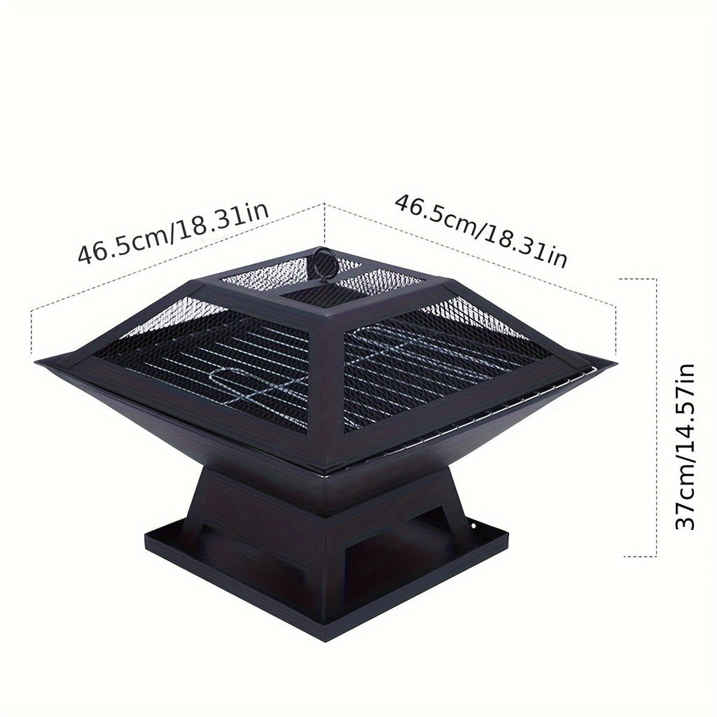 18.5-Inch Black Square Fire Pit and Grill with Mesh Pyramid Cover, Cooking Grate and Long Poker — image 2